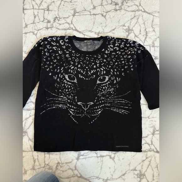 ARMANI EXCHANGE Black Gray Leopard Face Knit Pullover  Top M, Rare, Preppy, Logo - Picture 12 of 12